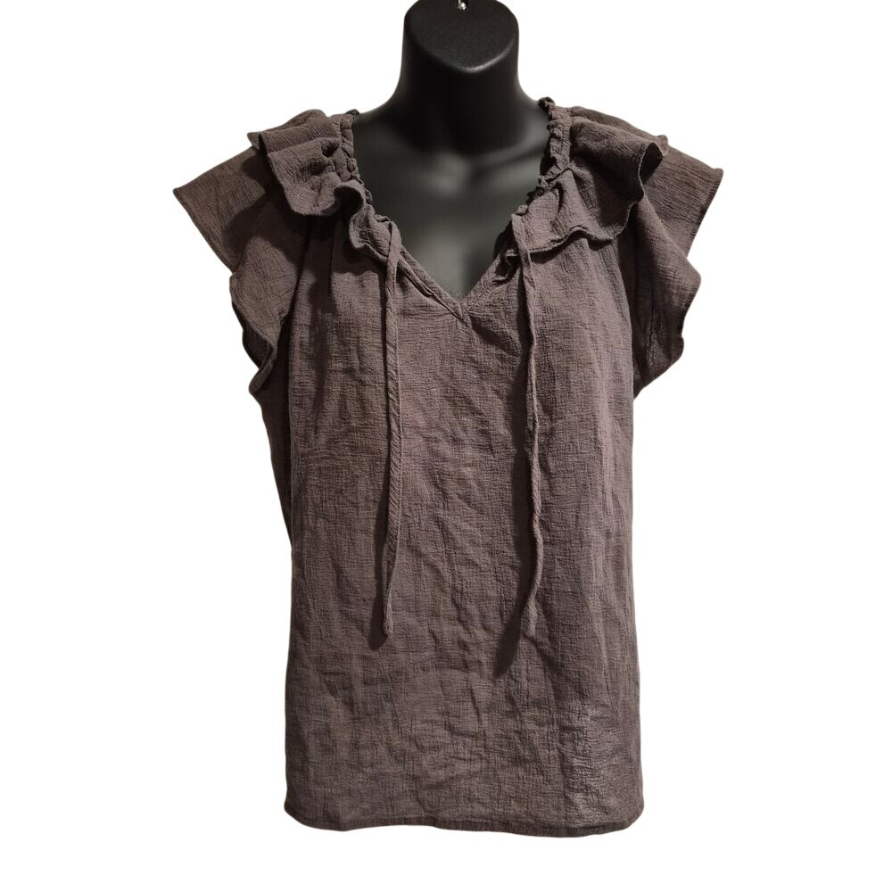 Grade & Gather Charcoal Grey Cotton Gauze Ruffle Tie Front Top S 40734